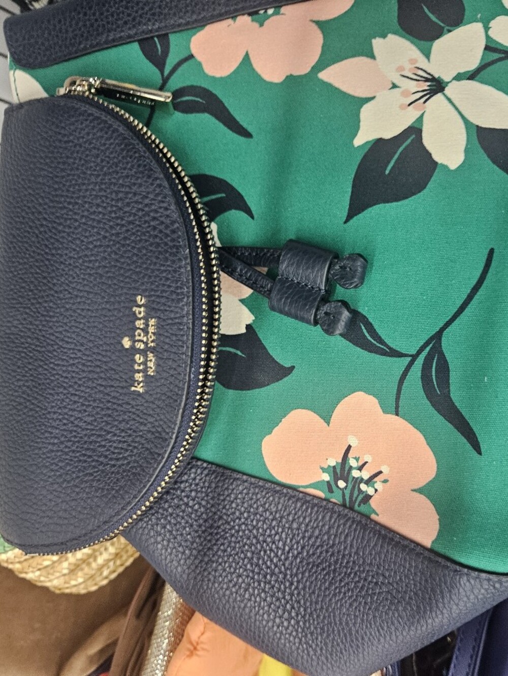 kate spade Green Floral Canvas & Navy Leather Backpack